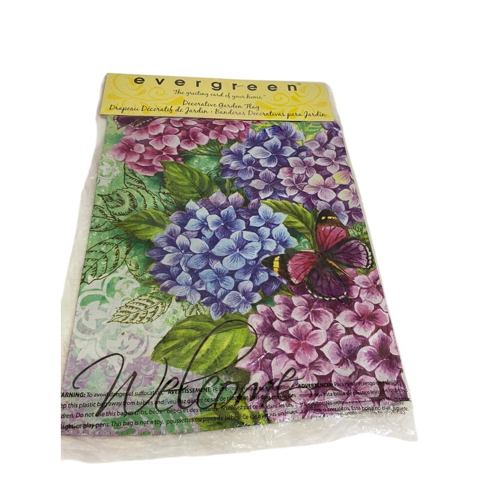 Decorative NWOT Garden Flag With Hydrangea & Butterfly Design By Evergreen